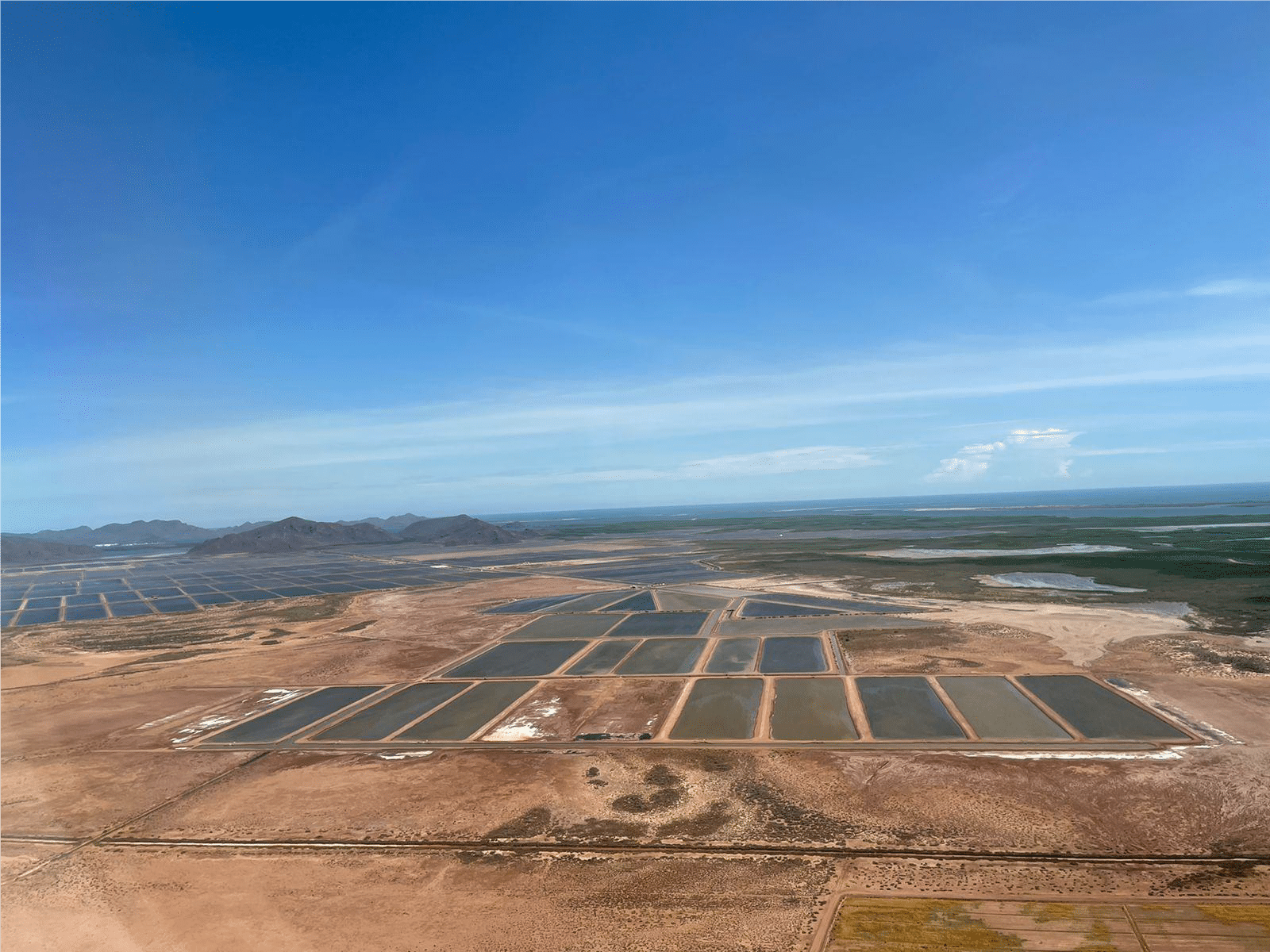 Shrimp farms were easily seen from above, before landing in Los Mochis.