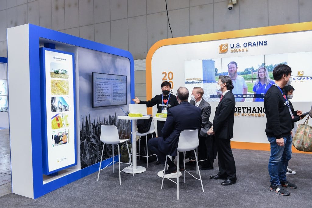 The U.S. Grains Council's (USGC's) South Korea office recently took part in the Seoul Mobility Show. At the event, the Council worked to display the benefits of ethanol through conversations with attendees, interviews with the media and handing out promotional items. Pictured, USGC director in South Korea Haksoo Kim speaks with show-goers on the Council's ethanol work.