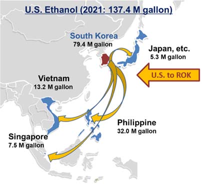 Map showing US ethanol exports in Asia